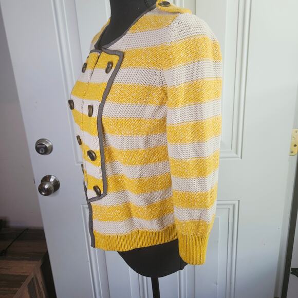 LOFT Military Style Cardigan Sweater Yellow Cream Striped Cotton Size Small - Picture 5 of 12